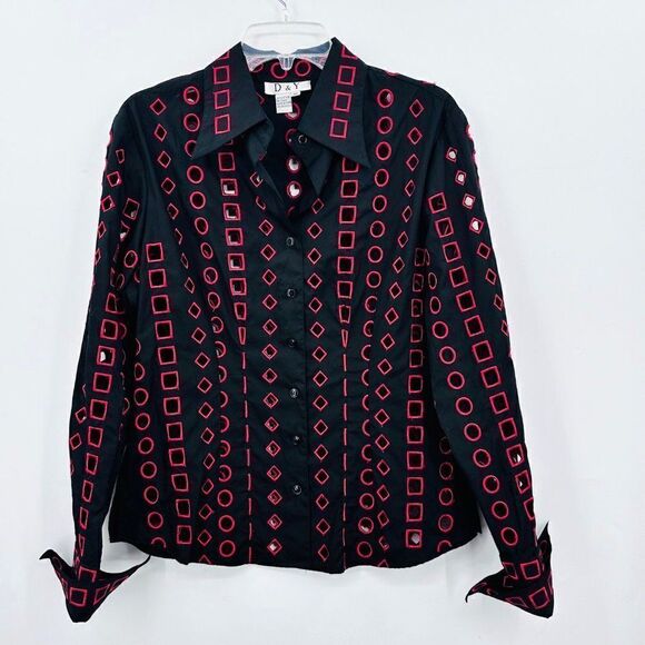 D & Y Black Red Geometric Cutout Blouse Shirt Womens Medium Sexy Clubbing Party - Picture 1 of 6